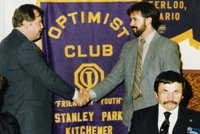 Fri. Nov. 30, 1984: Inaugural Meeting: O.I. New Club Building V.P. Steve McDonald & Charter President Larry Gingerich 